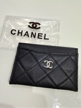 CHANEL GWP Black Quilted Card Case with Silver Logo